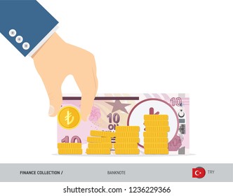 Hand putting coins to coin stack with 10 Turkish Lira Banknote. Flat style vector illustration. Growing graph. Finance concept.