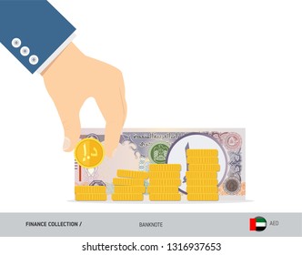 Hand putting coins to coin stack with 50 United Arab Emirates Banknote. Flat style vector illustration. Growing graph. Finance concept.