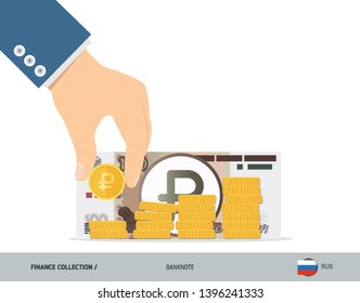 Hand putting coins to coin stack with 100 Russian Ruble banknote. Flat style vector illustration. Growing graph. Finance concept.