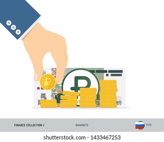 Hand putting coins to coin stack with 5 Russian Ruble banknote. Flat style vector illustration. Growing graph. Finance concept.