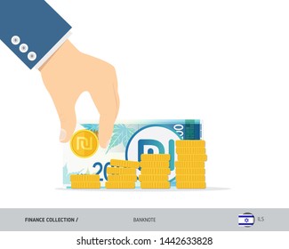 Hand putting coins to coin stack with 200 Israeli New Shekel banknote. Flat style vector illustration. Growing graph. Finance concept.