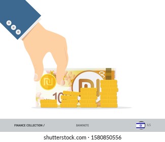 Hand putting coins to coin stack with 100 Israeli New Shekel banknote. Flat style vector illustration. Growing graph. Finance concept. 