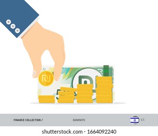 Hand putting coins to coin stack with 50 Israeli New Shekel banknote. Flat style vector illustration. Growing graph. Finance concept.