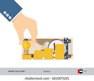 Monedas colocadas a mano para apilar monedas con el billete de 200 Dirham de los Emiratos Árabes Unidos. Ilustración vectorial de estilo plano. Gráfico creciente. Concepto de finanzas.
