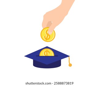 Hand Putting Coins into Graduation Hat to Invest into Education. Finances, student loan and learning concept vector art