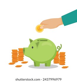 Hand putting coins money into piggy bank