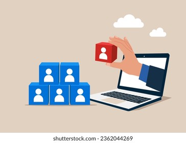 Hand putting  cube block from the laptop screen and on top pyramid. Recruitment business. Flat vector illustration