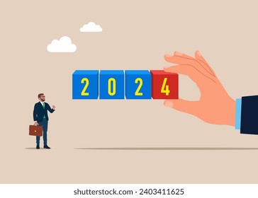 Hand putting  cube block from the laptop screen and of 2024 New Year. Successful business, creativity and innovations. Flat vector illustration