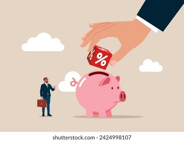 Hand putting cube block with percentage a piggy bank money savings. Interest, financial and mortgage rates. Modern vector illustration in flat style