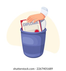 Hand putting diploma into trash can vector illustration. Cartoon hand of person holding paper diploma certificate to put into waste basket, unsuccess of useless academic education and poor knowledge