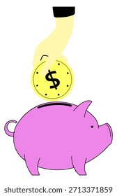 Una mano está poniendo un billete de un dólar en una hucha rosa
