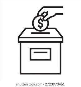 Mano que pone la moneda del dólar en el icono del arte de la línea de la caja de la donación para la filantropía de la caridad y el concepto sin fines de lucro de la financiación