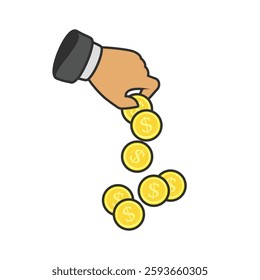 Hand putting dollar coin in stack. Profit, making money, business or finance concept. Golden coins in businessman hand. 