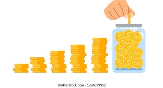 Hand putting dollar coins in to jar for money savings. Income growth. Wealth investor. Save money concept on white background. Financial saving increase.