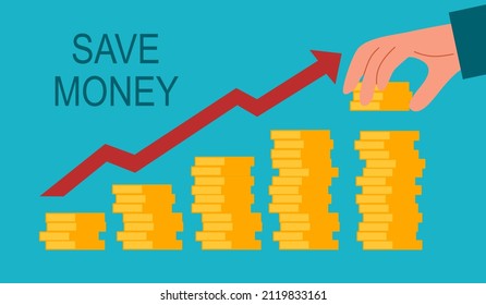 Hand putting dollar coins for money savings. Income growth. Wealth investor. Save money concept vector illustration. Financial saving increase.