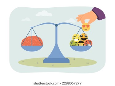 Hand putting emotions on scales with brain vector illustration. Cartoon drawing of scales with mind and emoticons with different expressions. Emotional intelligence, psychology, balance concept