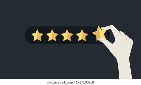 Hand putting five gold stars on black background. Five stars quality rating icon. Feedbak stars.