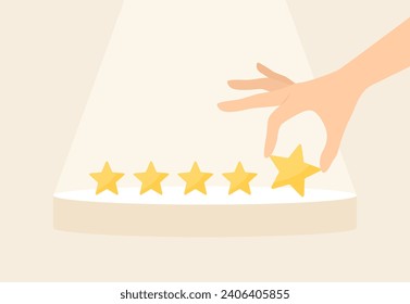 Hand putting five stars on pedestal under spotlight. Flat vector illustration