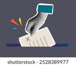 Hand putting a form in a ballot box. Vector illustration in a modern collage style