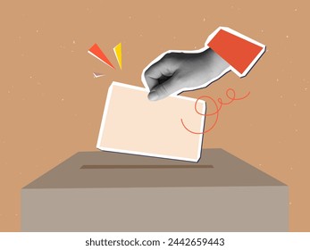 Hand putting a form in a ballot box. Vector illustration in a modern collage style