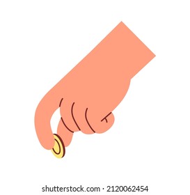 Hand putting, giving gold coin. Fingers squeezing money for scratching. Donation, charity and financial support concept. Human holding change. Flat vector illustration isolated on white background