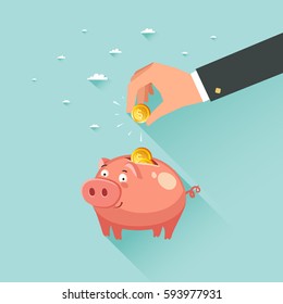 Hand putting a gold coin to cute money piggy bank. Saving money concept. Vector colorful illustration in flat style.