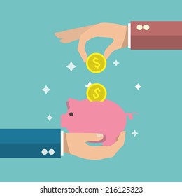 Hand putting a gold coin in funny pink piggy bank money box poster vector illustration.