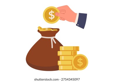 Hand Putting Gold Coin into Money Bag for Fixed Deposit. A close-up of a hand depositing a dollar coin into a brown money sack next to stacks of coins, representing fixed deposits, time-bound savings