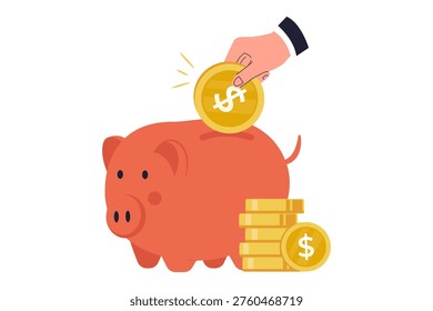 Hand Putting Gold Coin into Piggy Bank for Savings. A classic red piggy bank with a human hand depositing a gold dollar coin, representing personal savings, banking habits, and financial planning