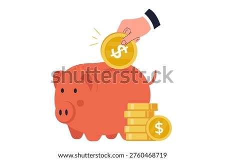 Hand Putting Gold Coin into Piggy Bank for Savings. A classic red piggy bank with a human hand depositing a gold dollar coin, representing personal savings, banking habits, and financial planning