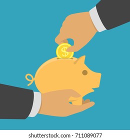 Hand putting gold coin in piggy bank. Money box in businessman hands. Savings, investment, donations, charity or money saving. Vector illustration in flat style. EPS 10. 