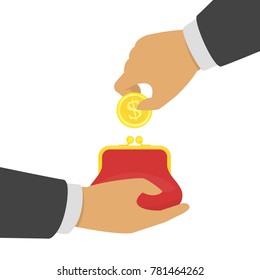 Hand putting gold coin in purse. Money and wallet in businessman hands. Saving money, finance or business concept. Give or take the money illustration. Vector EPS 10.
