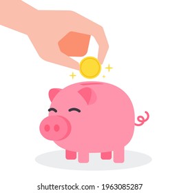 Hand putting golden coin into a pink piggy bank. The creative concept idea of saving money, financial, wealth, rich, and investment. Simple trendy cute cartoon vector illustration. Flat style graphic.