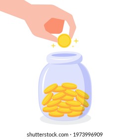 Hand Putting A Golden Coin Into The Jar. The Creative Concept Idea Of Saving Money, Financial, Wealth, Rich, And Investment. Simple Trendy Cute Cartoon Vector Illustration. Flat Style Graphic Element.