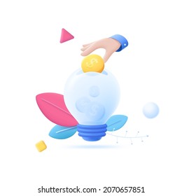 Hand putting golden dollar coins into lightbulb. Concept of investing money in hi-tech startup project, investment in innovative idea, financing and sponsorship. 3D cartoon vector illustration