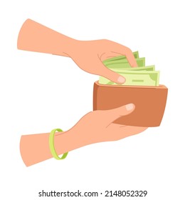 Hand Putting Green Dollar Banknote or Paper Money in Brown Wallet Vector Illustration