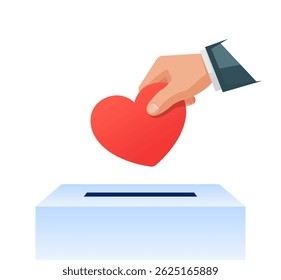 Hand putting heart in donation box. Donation, volunteering, supporting, humanism, charity concept. Vector illustration.