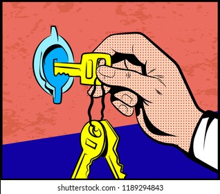 Hand putting house key into door lock. Pop Art Comic book style, retro, vintage illustration