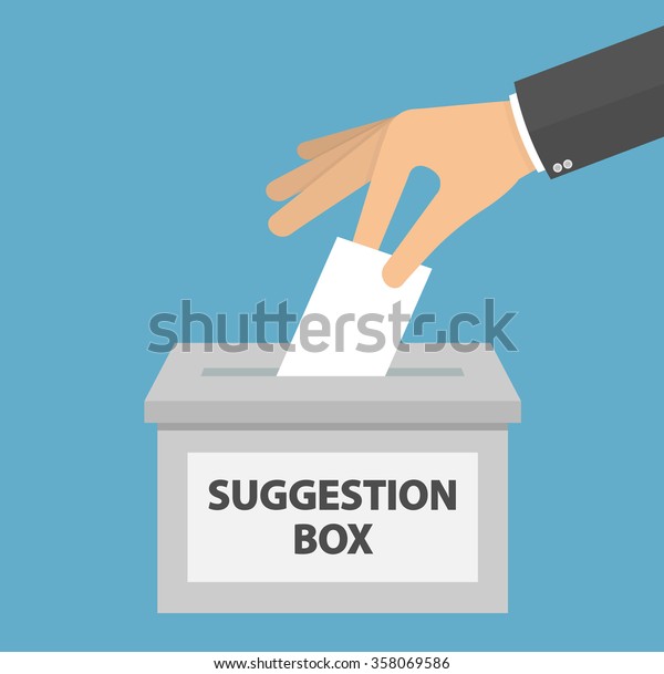 Hand putting or inserting blank piece of paper\
in the suggestion box. Flat\
style