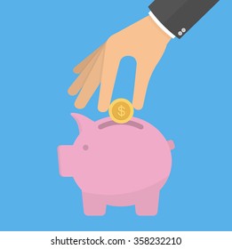 Hand putting or inserting golden coin into the piggy bank. Saving money concept. Flat style