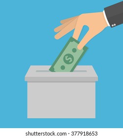 Hand putting or inserting money bill with two fingers in the box concept. Flat design