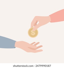 Una mano poniendo en otra una moneda de oro. Concepto de limosna o donación caritativa. Ilustración vectorial plana