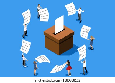 Hand putting label. Election poll about vote. Ballot, democracy decision for government. Campaign for choice. Politics republican symbol on ballot-box. Flat isometric infographic vector illustration