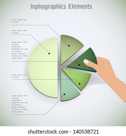 hand putting the last piece of a pie chart on place (partnership, teamwork, investment and other financial concepts) vector illustration