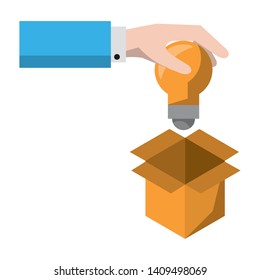 hand putting light bulb into box icon cartoon vector illustration graphic design