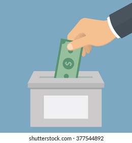 Hand putting money bill in a box with blank label on it. Flat style