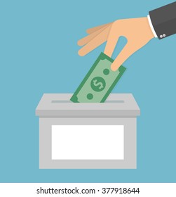 Hand putting money bill in the box with blank label. Flat design