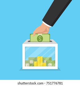 Hand putting money bill in to the donation box. Donation concept. Flat Vector illustration.