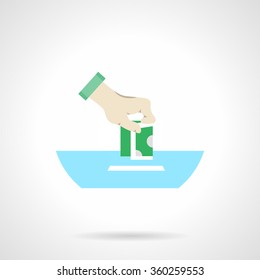 Hand putting money in a box. Donation and fundraising symbol.  Flat color style vector icon. Single web design element for mobile app or website.