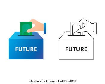 Hand Putting Money In The Box With Label Future, Savings, Funds Vector Icon